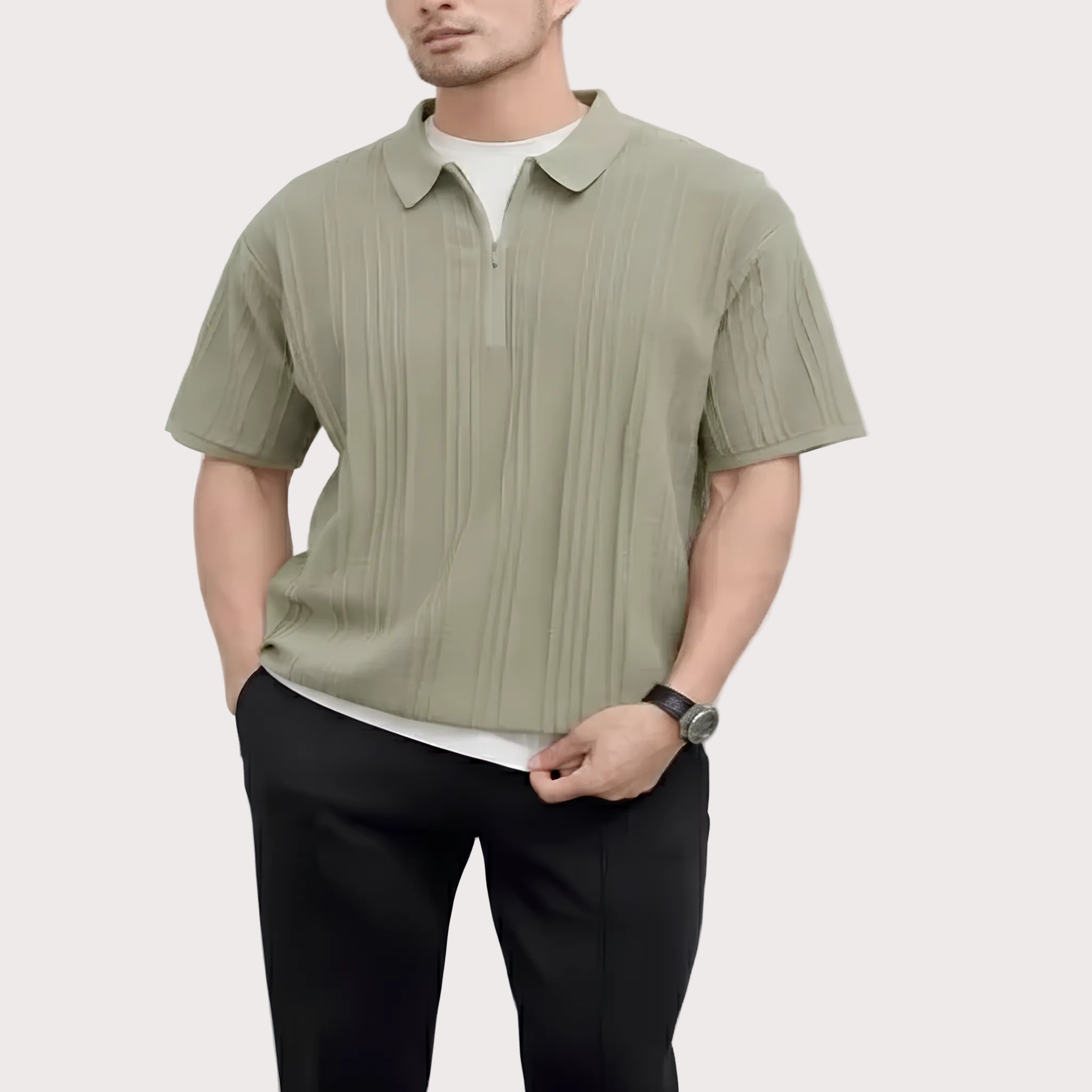 Best Quality Soft Cotton Polo Shirts Loose Fit Golf Men Vertical Stripe Jacquard Zipper Lapel Knit T-Shirt Polo T-Shirt