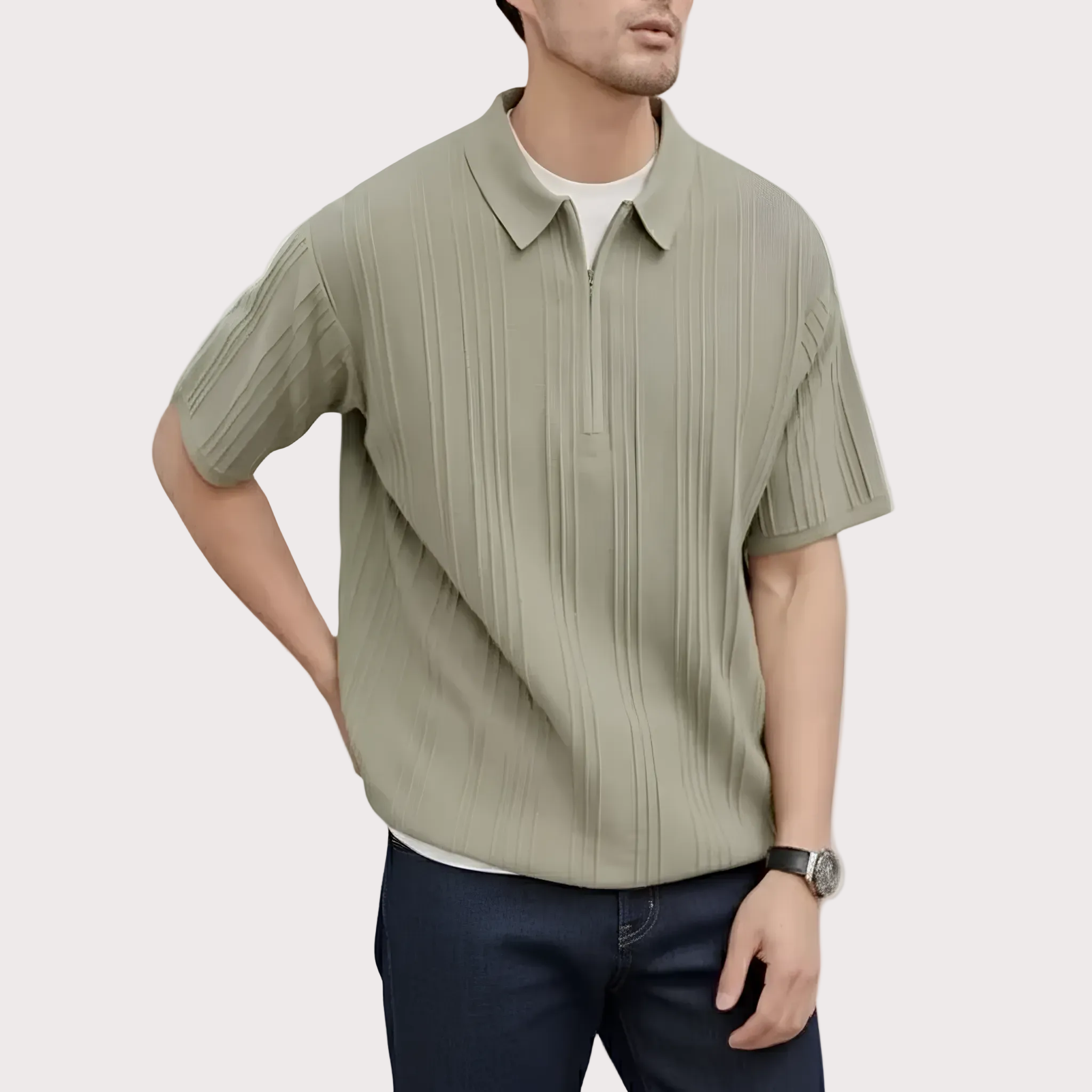 Best Quality Soft Cotton Polo Shirts Loose Fit Golf Men Vertical Stripe Jacquard Zipper Lapel Knit T-Shirt Polo T-Shirt